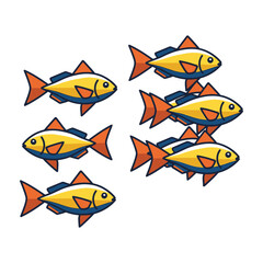 Six yellow fish with orange fins and blue scales on white background swimming together © MDFAZLE