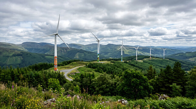 Wind turbines with decorative art in a lush green mountain landscape for renewable energy