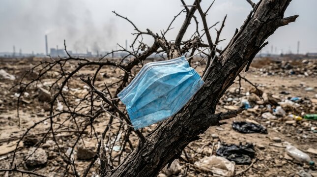 A blue face mask hangs on a dead tree in a polluted dump.