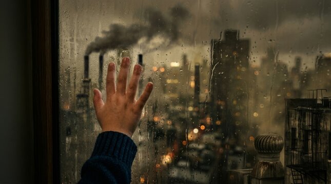 A hand presses against a rainy window while viewing distant city lights.