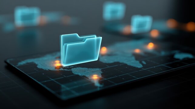 Digital file folder icon hovering over a glowing world map. Concept for global cloud data storage and information.