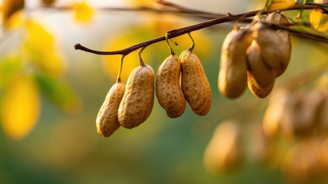 Fresh peanuts hanging on a plant in a natural garden. Organic agriculture and harvest concept for healthy food branding.