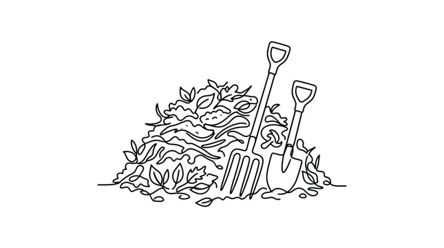 Continuous line drawing of a pile of compost with garden tools.