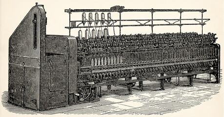 Worsted water spinning frame (throstle frame). Antique stylized illustration. © Sergey Kohl