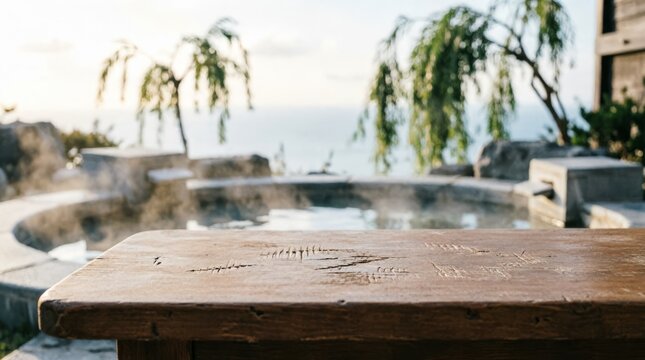 Wooden Table Top with Steamy Outdoor Spa Pool in Background for Relaxation Concept