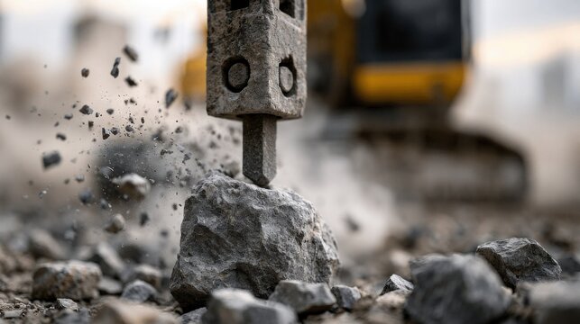 Hydraulic breaker crushing rock on construction site. Industrial demolition works for infrastructure development.