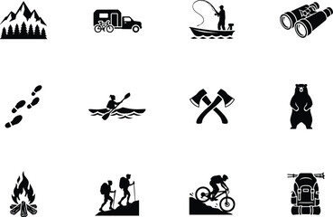 Obraz premium Outdoor adventure icons collection featuring camping, hiking, fishing, mountain biking, wildlife, survival gear, vector silhouette symbol pack today