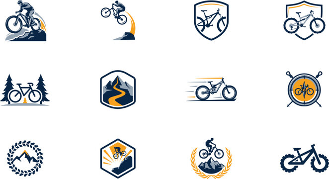 Mountain biking logo collection, extreme cycling badge set, outdoor adventure bicycle emblems, trail sports icons, premium vector branding pack