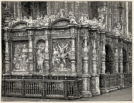 Art of Spain. Choir screen (retrochoir) in La Seo Cathedral, Zaragoza, late 16th century. Antique stylized illustration.