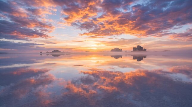 Cinematic Sunrise Over Mirror Lake with Misty Mountains, Dramatic Clouds and Golden Reflection