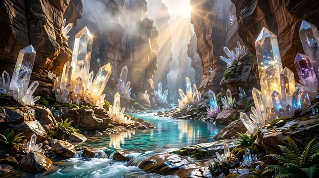 Crystal Canyon Landscape with Transparent Gem Formations, Turquoise River and Golden Sun Rays