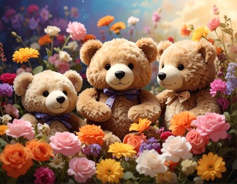 Three plush bears sit among a vibrant array of colorful flowers, creating a whimsical and cheerful scene