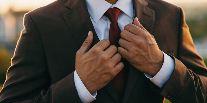 Close Up of Elegant Groom Adjusting Suit Jacket at Sunset