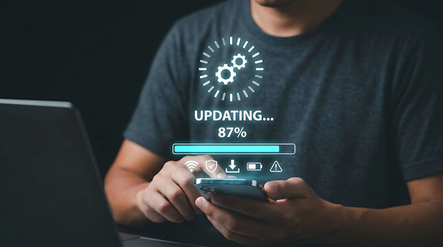Man installing software system update on mobile smartphone