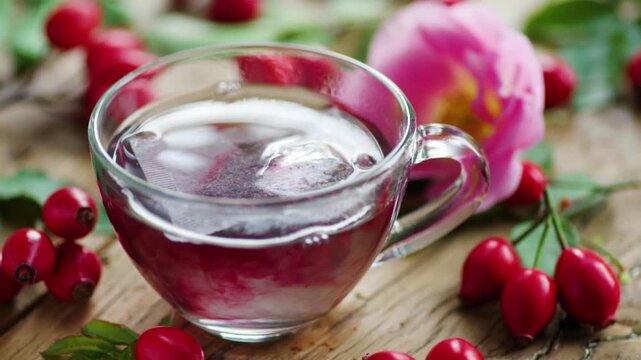 Close-up of hot boiling water being poured into a glass cup with a rosehip tea bag, surrounded by fresh red rose hip berries on a table 