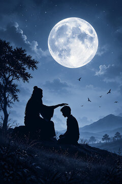Serene moonlit guru blessing disciple under full moon during guru purnima celebration for hindu religious festival spirituality devotion wisdom tradition background illustration artwork