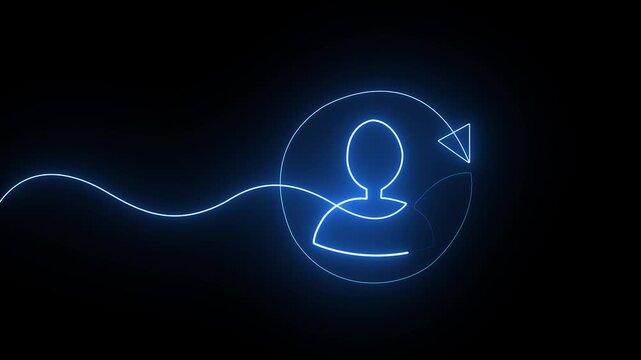 Glowing blue neon line art of a user profile icon with a circular refresh arrow on black background