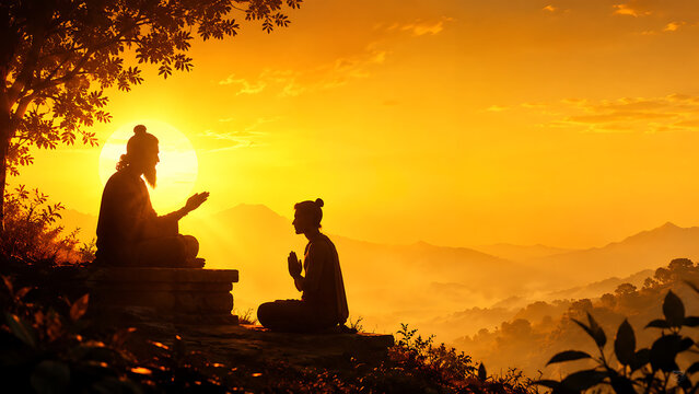 Spiritual guru teaching disciple at sunrise during guru purnima celebration and hindu religious festival meditation landscape background illustration artwork design template concept scenery