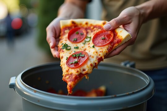 Close-up of a person discarding a slice of pepperoni pizza in the trash, illustrating food waste and disposal of uneaten food.