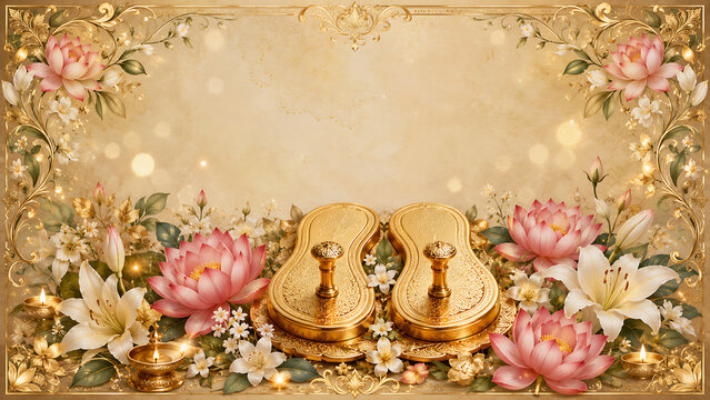 Luxurious floral border with golden guru sandals for guru purnima celebration and hindu religious festival greeting background design template illustration artwork decoration concept