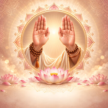 Blessing hands with lotus flowers for guru purnima celebration and hindu religious festival spiritual background design illustration artwork template decoration poster concept banner