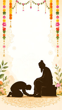 Elegant floral frame with disciple touching guru feet for guru purnima celebration and hindu religious festival invitation background design template illustration artwork concept