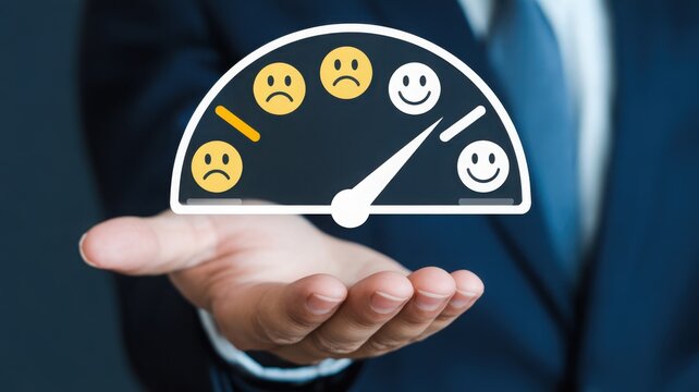 Business hand holding a customer satisfaction meter with the needle pointing to a neutral-to-happy face.