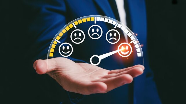 Business hand holding a glowing customer satisfaction meter with the needle pointing to the happiest face.
