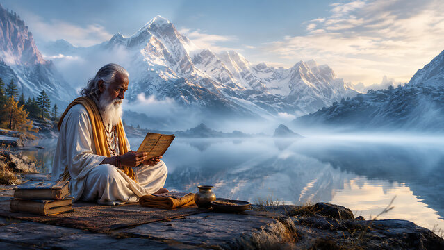 Guru purnima elderly sage reading sacred scripture beside mountain lake sunrise for hindu religious festival spiritual meditation landscape peaceful nature inspiration artwork illustration
