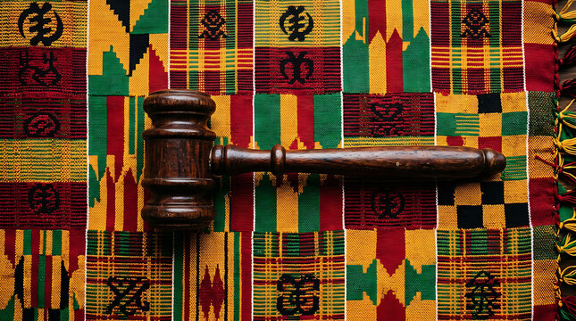 Wooden gavel resting on colorful kente cloth fabric