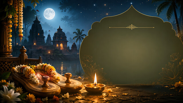 Guru purnima moonlit temple paduka devotional background for hindu religious festival greeting banner with copy space glowing diya floral decorations spiritual design artwork