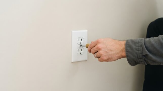 Hand using a screwdriver on a white electrical wall outlet. Person repairing or installing a power socket cover plate. Home maintenance task