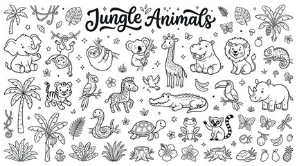 Jungle animals and tropical plants collection line art. © NAZMA