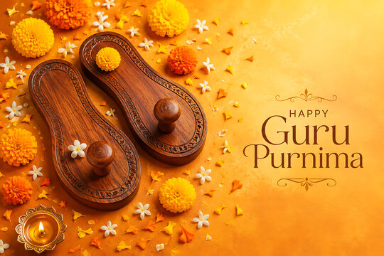 Guru purnima wooden paduka with marigold flowers for hindu religious festival greeting card festive background traditional devotion illustration floral design celebration artwork template