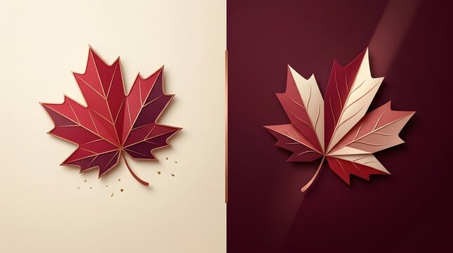 Canadian Maple Leaf Symbolism: Two stylized maple leaves in various shades of red and beige, presented in a modern, geometric design on contrasting backgrounds.