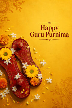 Guru purnima vibrant greeting card with traditional paduka for hindu religious festival floral background celebration template decorative illustration copy space festive artwork design