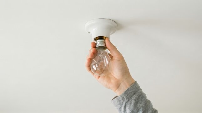 Hand changing a clear glass lightbulb in a white ceiling fixture. Household electrical maintenance and repair
