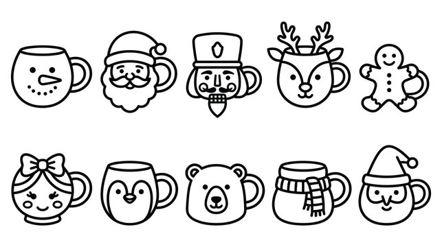 Christmas festive holiday mug characters outline icons.