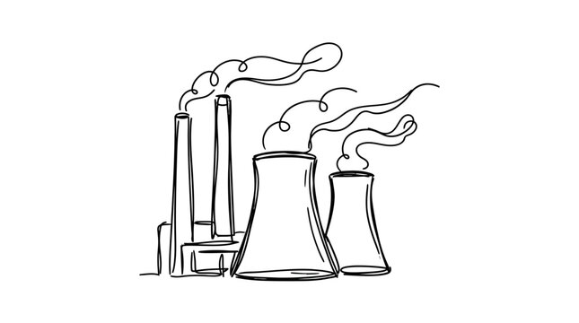 Continuous line drawing of an industrial power plant with smoking chimneys.