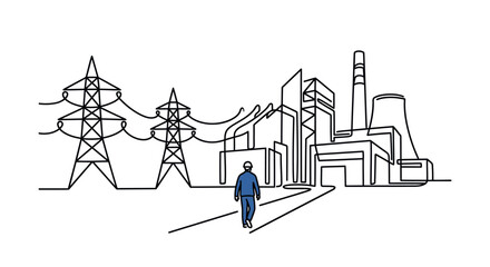 Obraz premium Continuous line drawing of a worker walking towards a power plant.