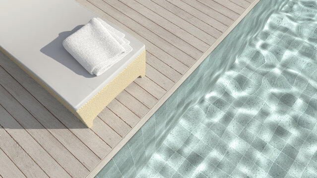 Sun bed on poolside wooden terrace of swimming pool, with bright light shines into water and make the caustic light shimmering on bottom of the pool. 3D Illustration.