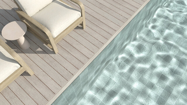 Easy chairs on poolside wooden terrace of swimming pool, with bright light shines into water and make the caustic light on bottom of the pool. Design for use to display your products. 3D Illustration.