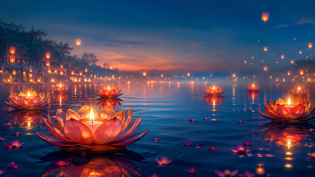 Glowing lotus candles floating on water during guru purnima celebration for hindu religious festival with serene evening reflections spiritual ambiance background illustration artwork