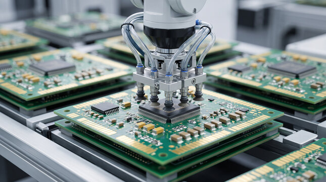 Close-up of an automated robotic arm with vacuum nozzles placing a microchip onto a printed circuit board on an assembly line