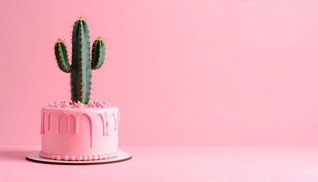 Creative concept of pink birthday cake topped with a real green cactus plant on pastel pink background, minimalist humorous dessert photography with copy space