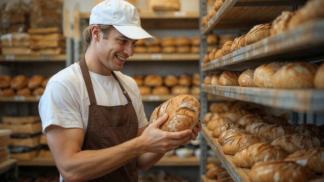 Happy European man wearing white cap and apron inspects fresh loaf of bread. Shelves packed with baked goods create background in bakery