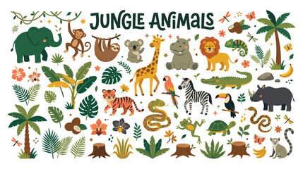 Jungle animals and tropical plants collection flat icons. © NAZMA