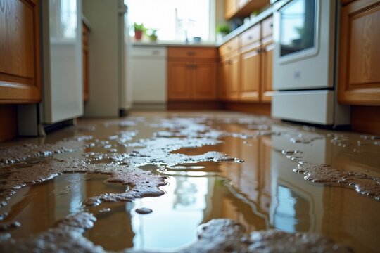 Close-up of Kitchen Floor Flooded from Water Leak: Revealing the Devastating Impact of the Incident