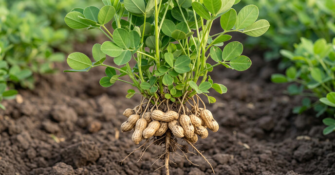 Freshly uprooted peanut plant showing green leaves and underground pods on soil