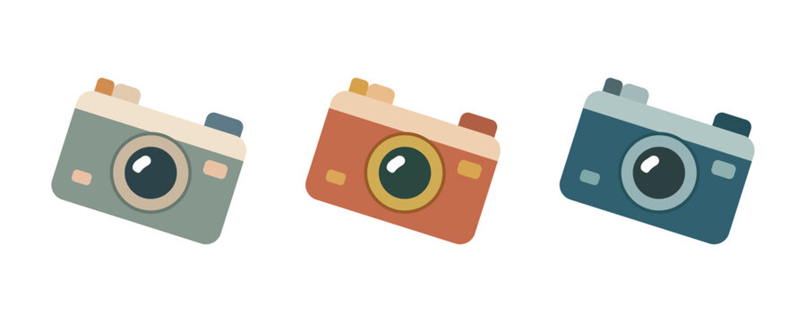 Camera icon set. Collection of colorful digital cameras for photography, media, blogging and travel. Flat vector illustration isolated on white background.